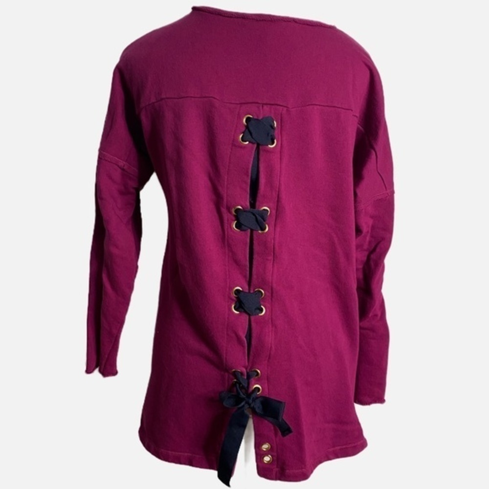 Crown & Ivy Crown purple with navy blue lace up the back 3/4 Sleeve‎ Top - Picture 2 of 11